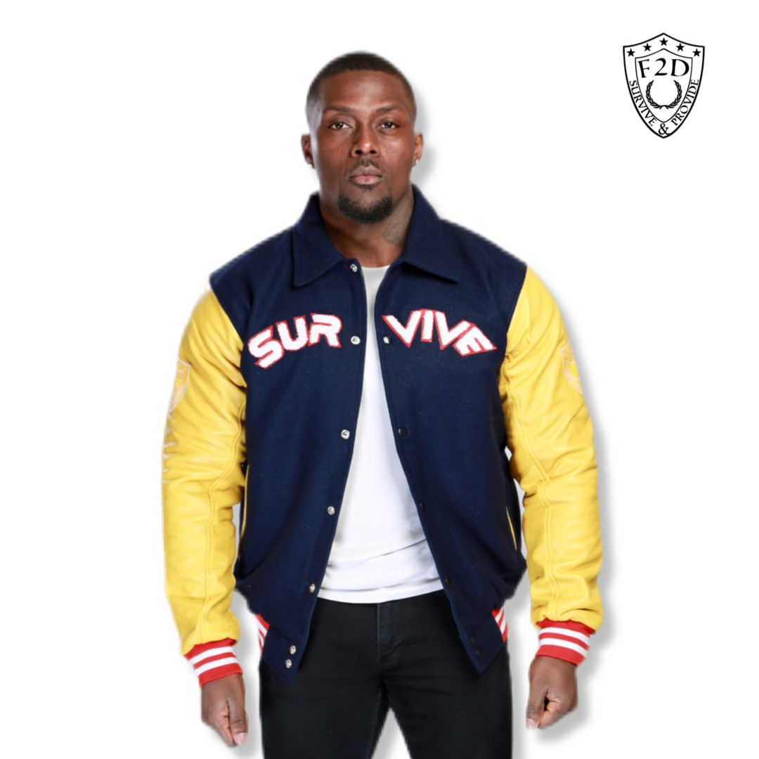 Blue and 2024 yellow varsity jacket